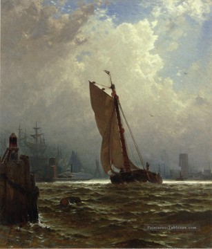 Le port de New York avec le pont de Brooklyn en construction Bateau paysage marin Alfred Thompson Bricher Peinture à l'huile